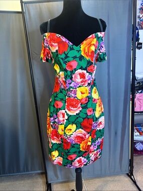 Leslie Fay Green Floral Off-Shoulder Cocktail Dress